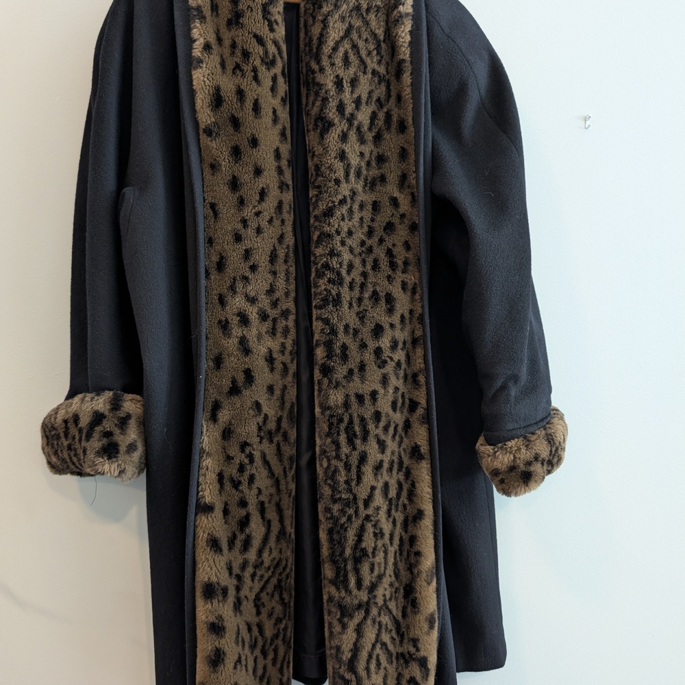 Women's Med The Limited Black Wool Coat with Leopard Print Trim